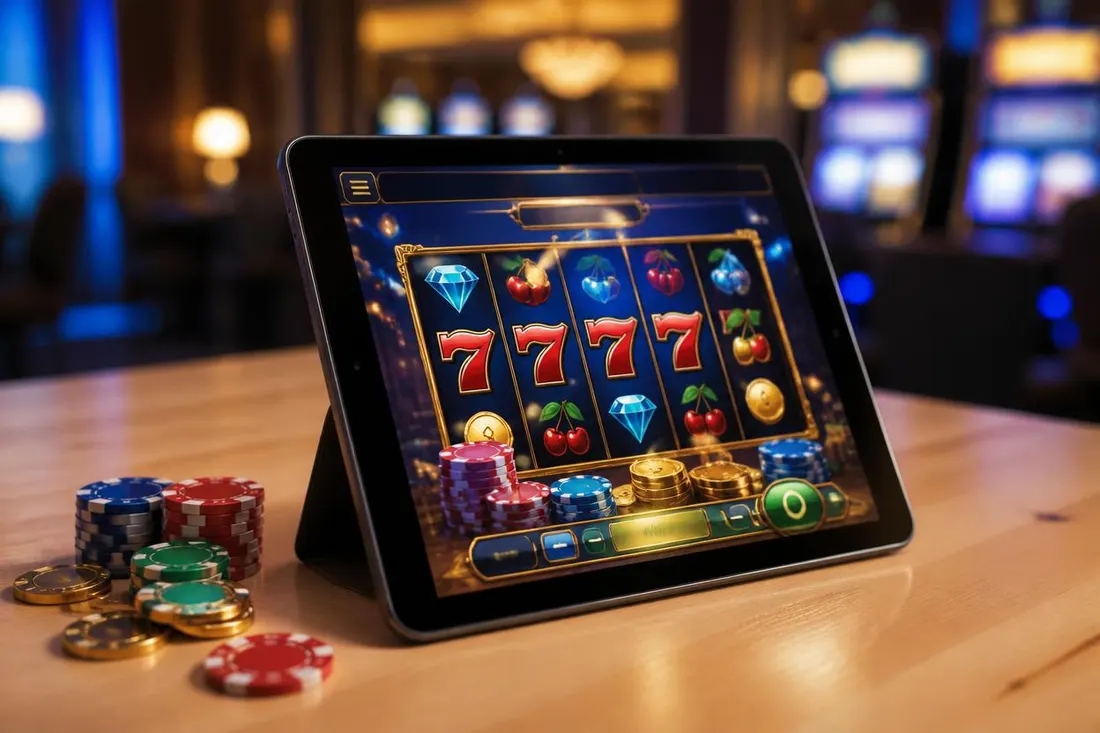 Surfplatta med en onlineslot på skärmen Surfplatta med en onlineslot på skärmen