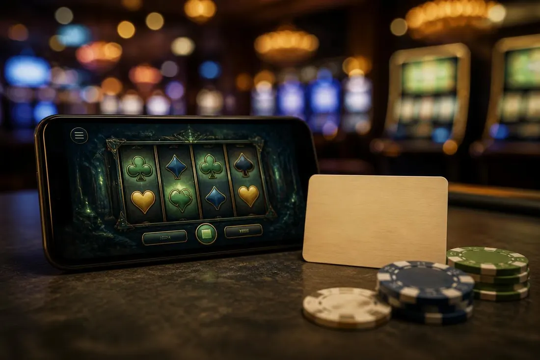 Mobil med casinospel, bankkort och marker Mobil med casinospel, bankkort och marker