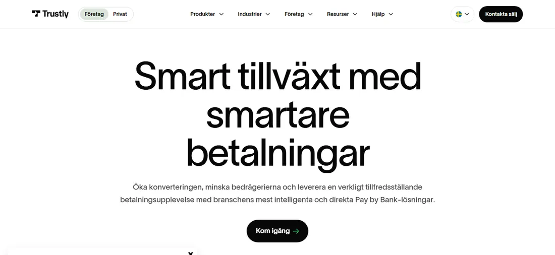 Trustlys svenska startsida med rubriken Smart tillväxt med smartare betalningar och menyn Produkter, Industrier, Företag, Resurser och Hjälp