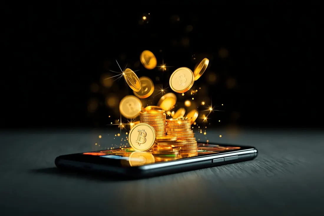 Guldmynt som sprutar ur en mobil med ett slotspel Guldmynt som sprutar ur en mobil med ett slotspel